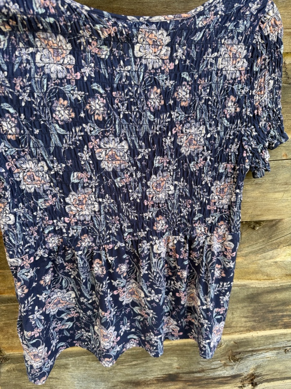 Style & Co. Navy Floral Smocked Peplum Top with Pink Accents - Picture 5 of 5